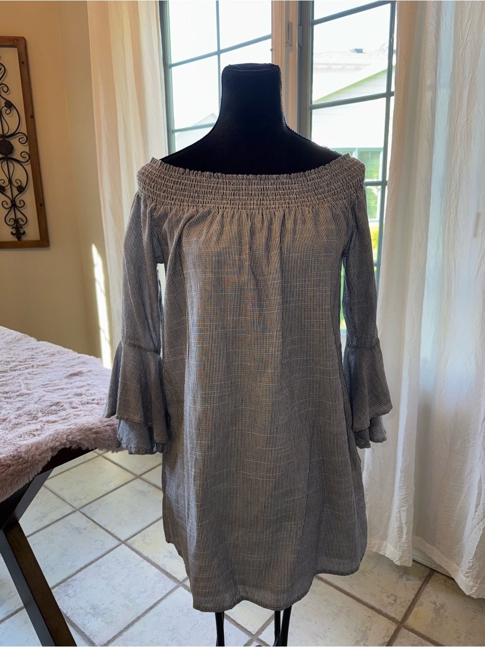 Off-Shoulder Bell Sleeve Women's Pinstripe Cotton Dress